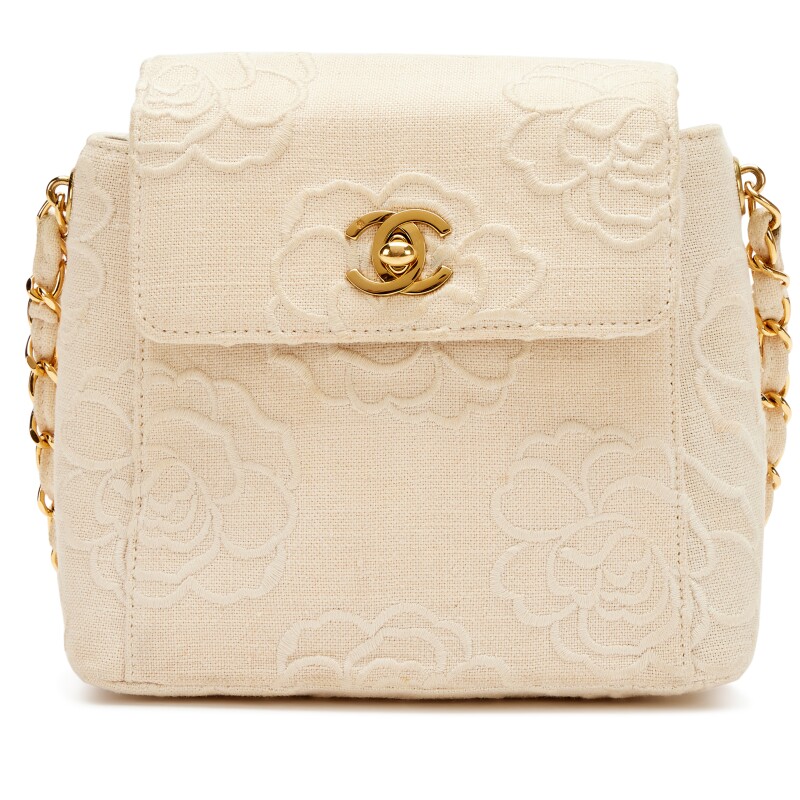 Vintage Ivory Camellia Embroidered Linen Mini Square Flap Bag Gold Hardware, 1997