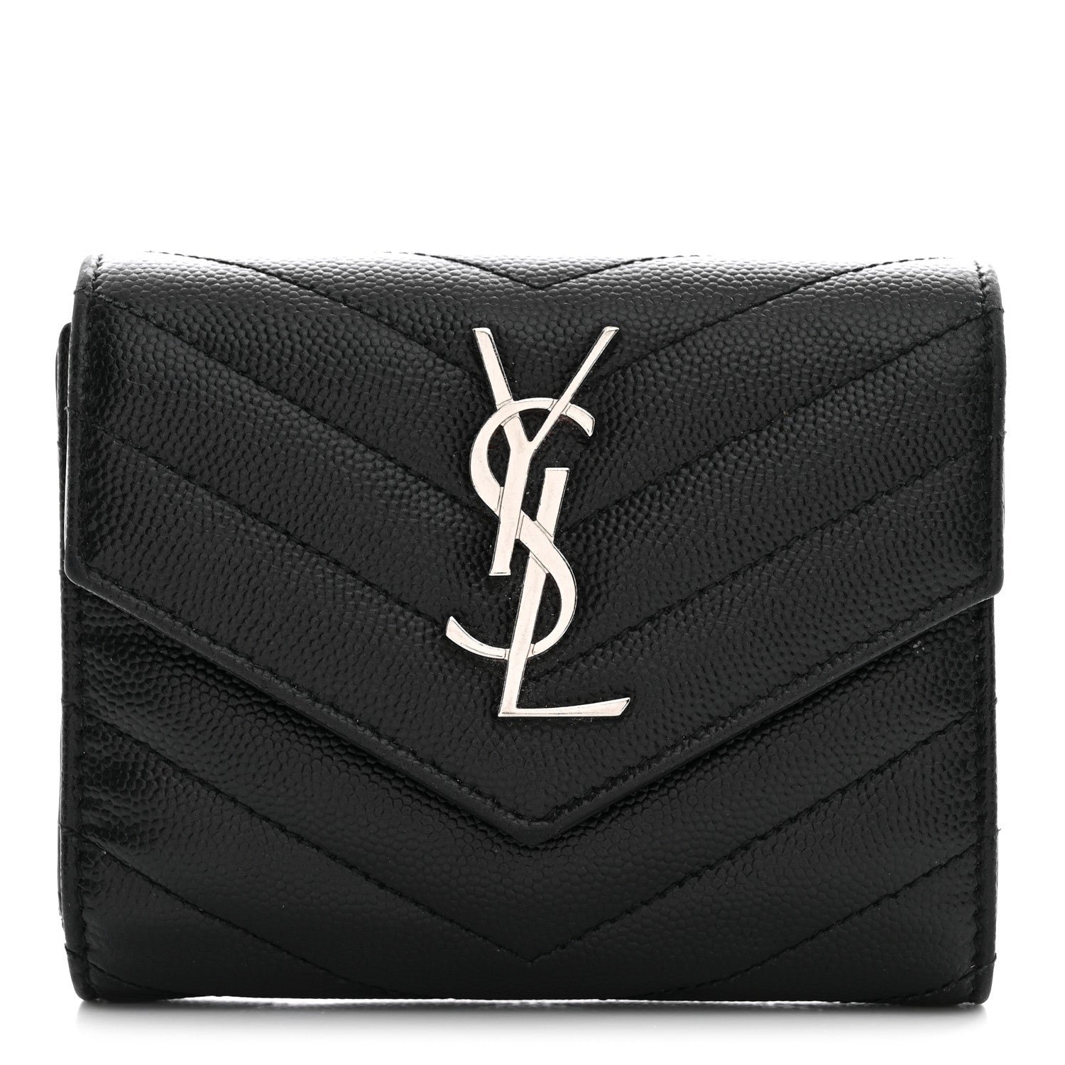 Saint Laurent Grain De Poudre Matelasse Chevron Monogram Compact Tri Fold Wallet Black