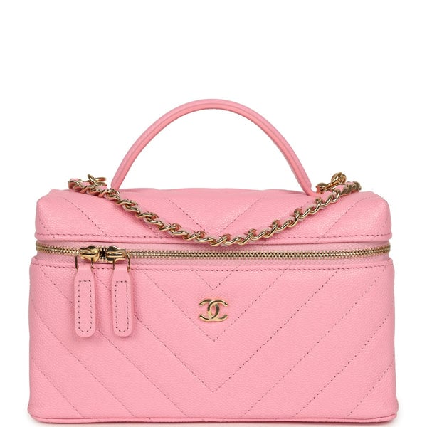 Chanel Sleek Chevron Top Handle Long Vanity Case with Chain Pink Shiny Caviar Gold Hardware