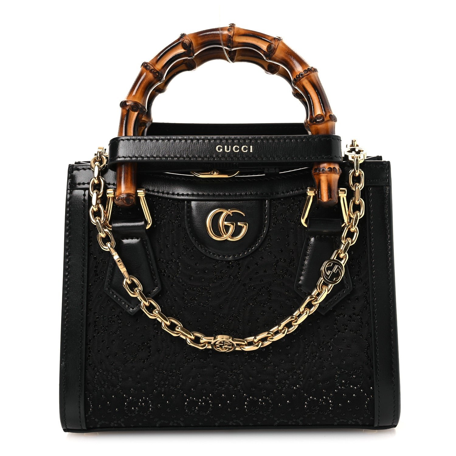 Gucci New Canvas Charisma Calfskin Crystal GG Monogram Mini Diana Tote Black