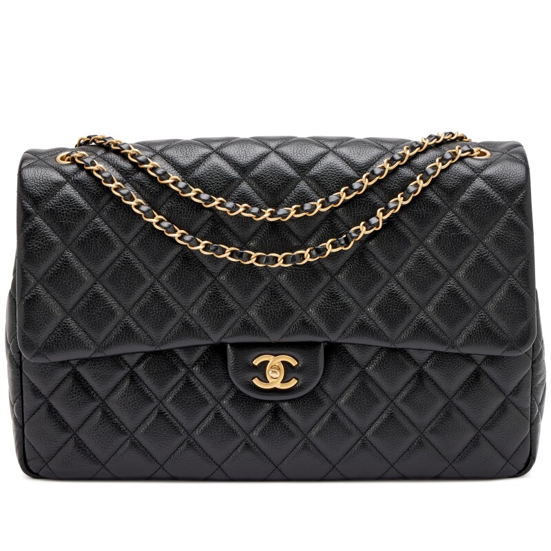 Black Quilted Grained Calfskin XXL Classic Airline Travel Flap Bag Aged Gold Hardware, 2024