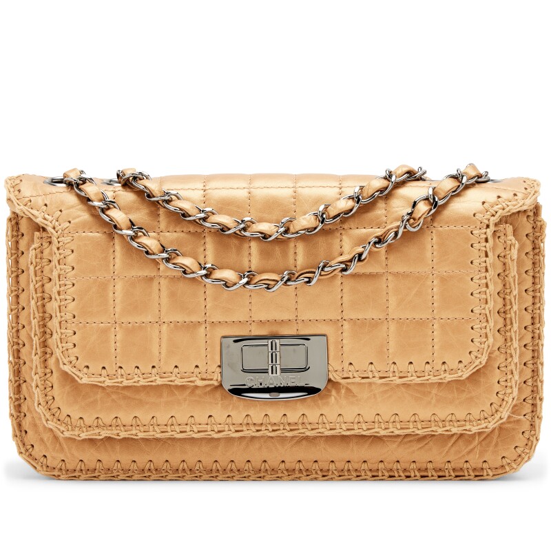 Metallic Gold Calfskin Mademoiselle Lock Whipstitch Flap Bag Ruthenium Hardware, 2005-2006