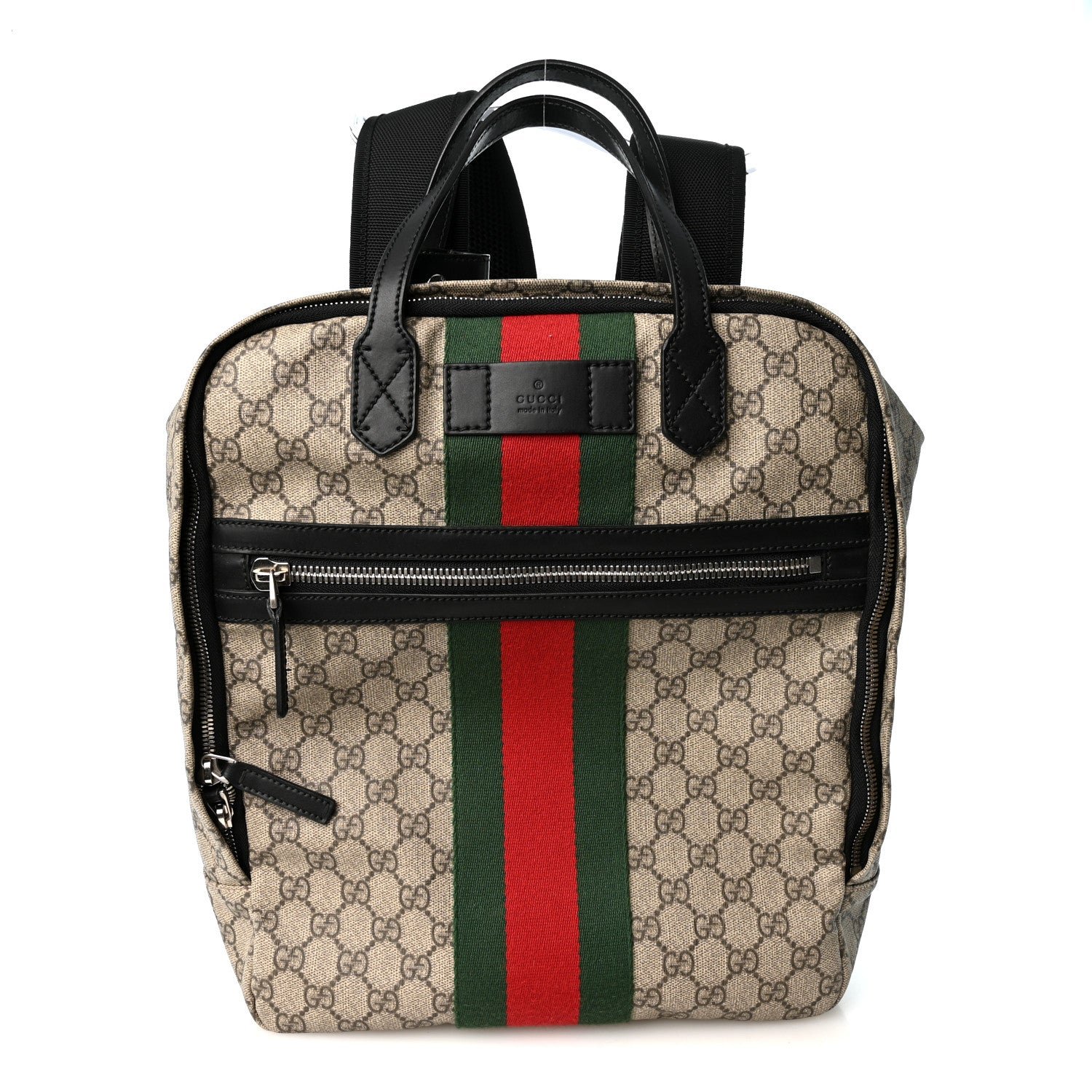 Gucci Soft GG Supreme Monogram Appia Calfskin Web Tote Backpack Beige Ebony Black