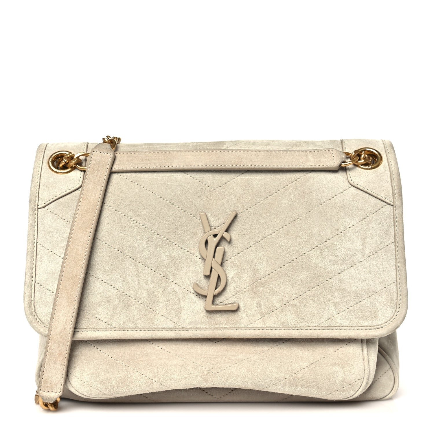 Saint Laurent Suede Monogram Medium Niki Chain Satchel Light Beige