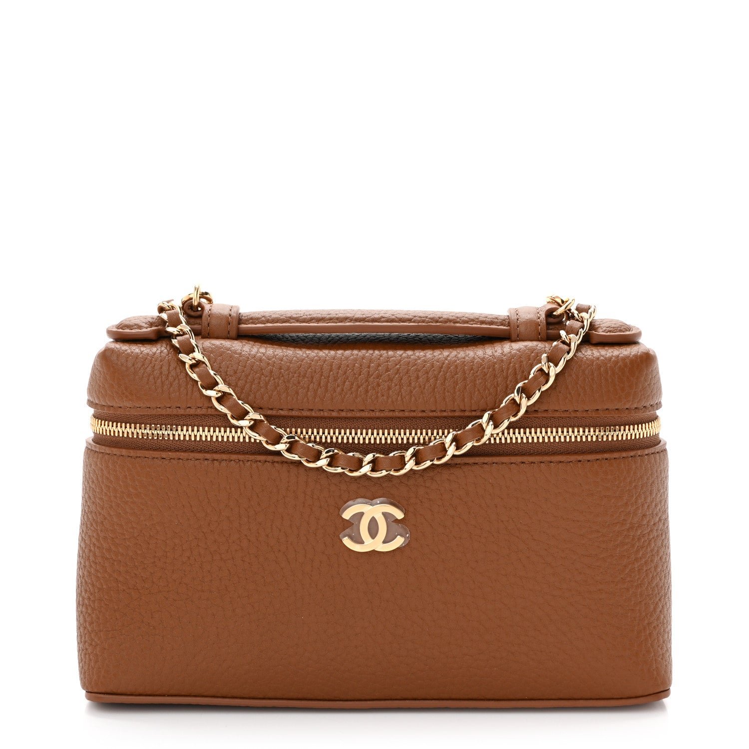 Chanel Grained Calfskin Top Handle Slim Vanity Case With Chain Camel