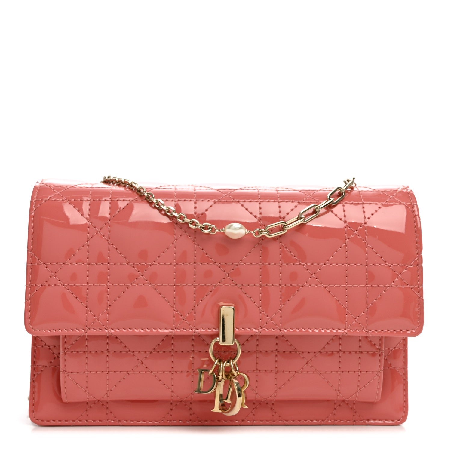 Dior Christian Dior Patent Cannage Lady Dior Chain Pouch Pink