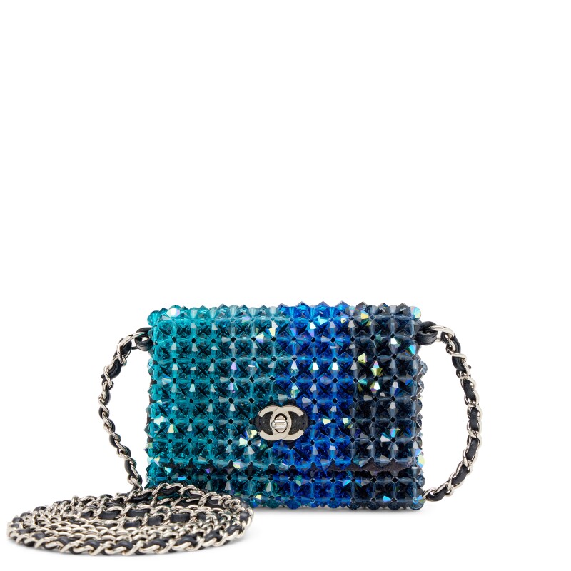 Blue and Green Iridescent Crystal Micro Flap Card Holder Silver Hardware, 2020