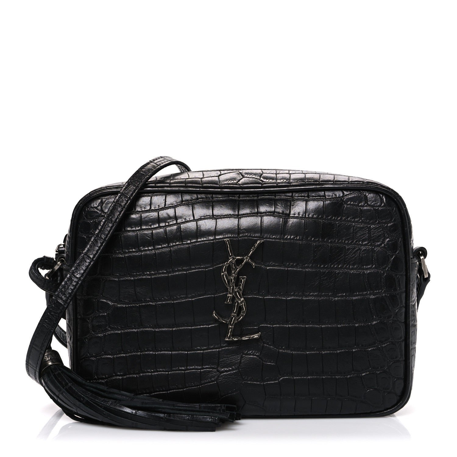 Saint Laurent Calfskin Crocodile Embossed Monogram Lou Camera Bag Black