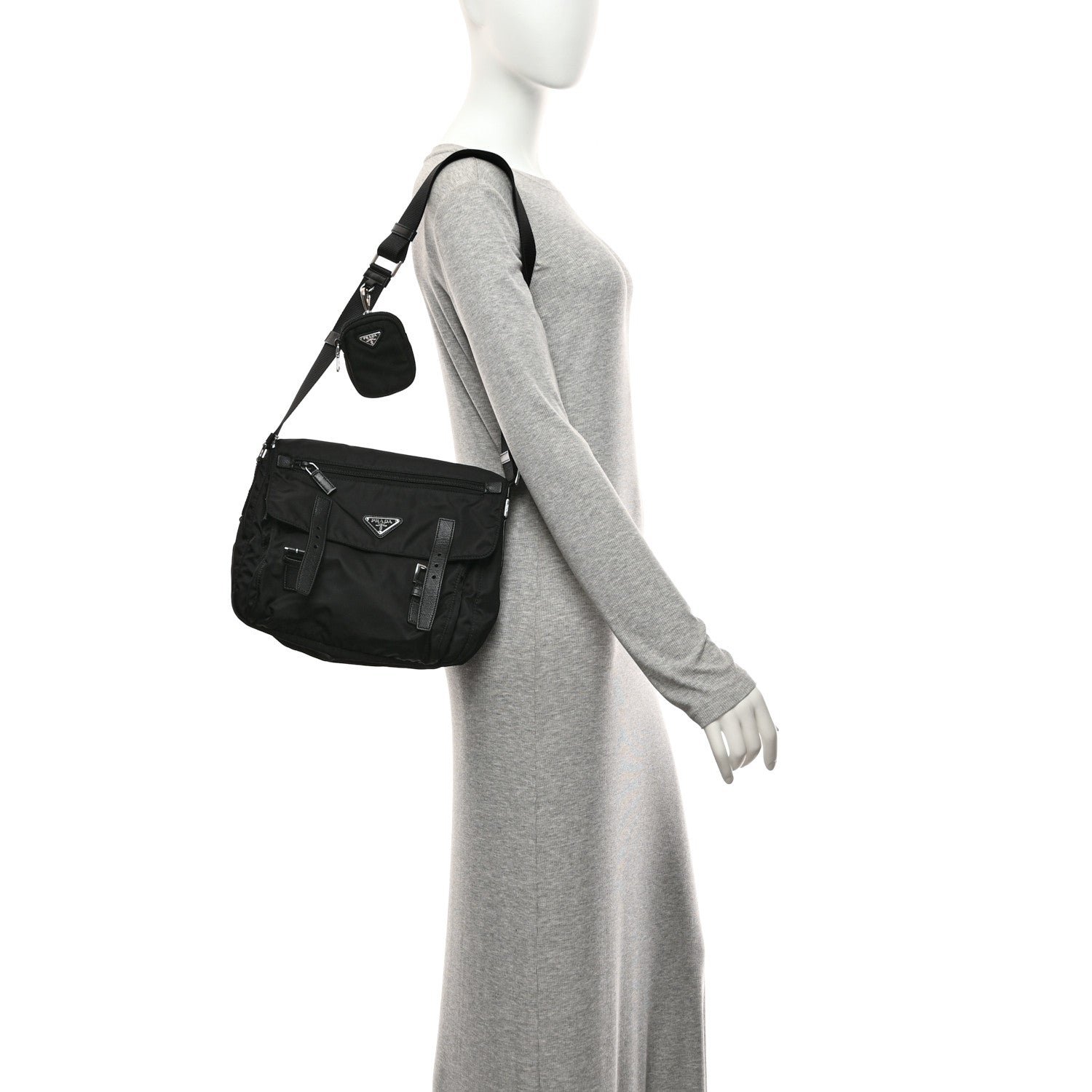 Prada Re-Nylon Vela Saffiano Pocket Double Buckle Messenger Shoulder Bag Black