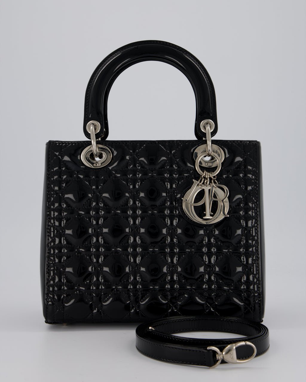 Christian Dior Medium Lady Dior Bag in Black Patent Leather With Silver Hardware