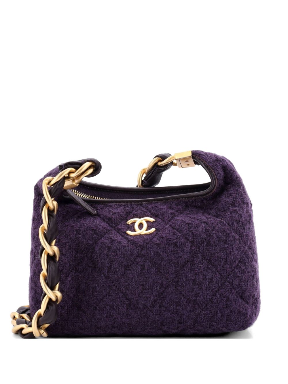 CC Chunky Chain Zip Quilted Tweed and Lambskin Small hobo bag