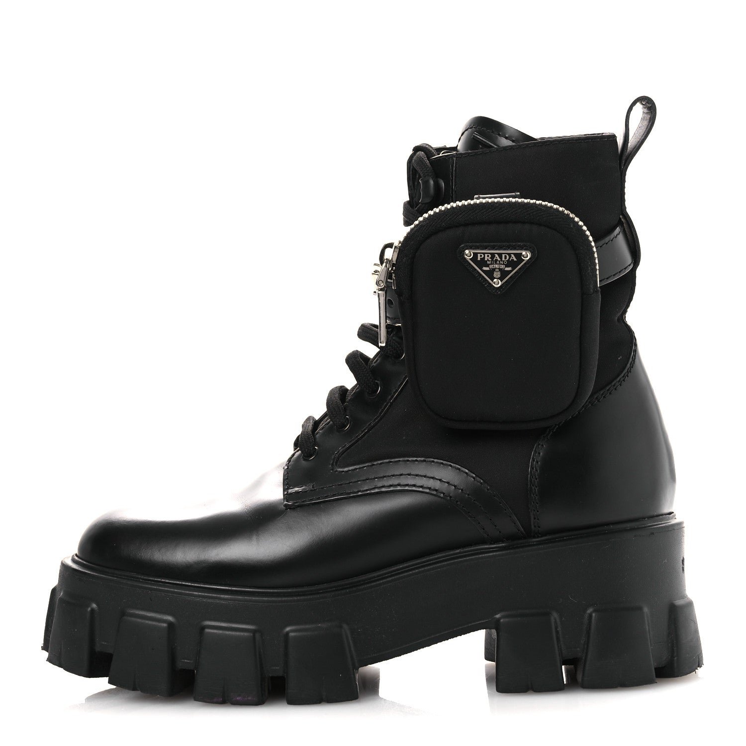 Prada Prada Spazzolato Rois Nylon Metal Triangle Logo Monolith Pouch Pocket 55mm Boots 37 Black