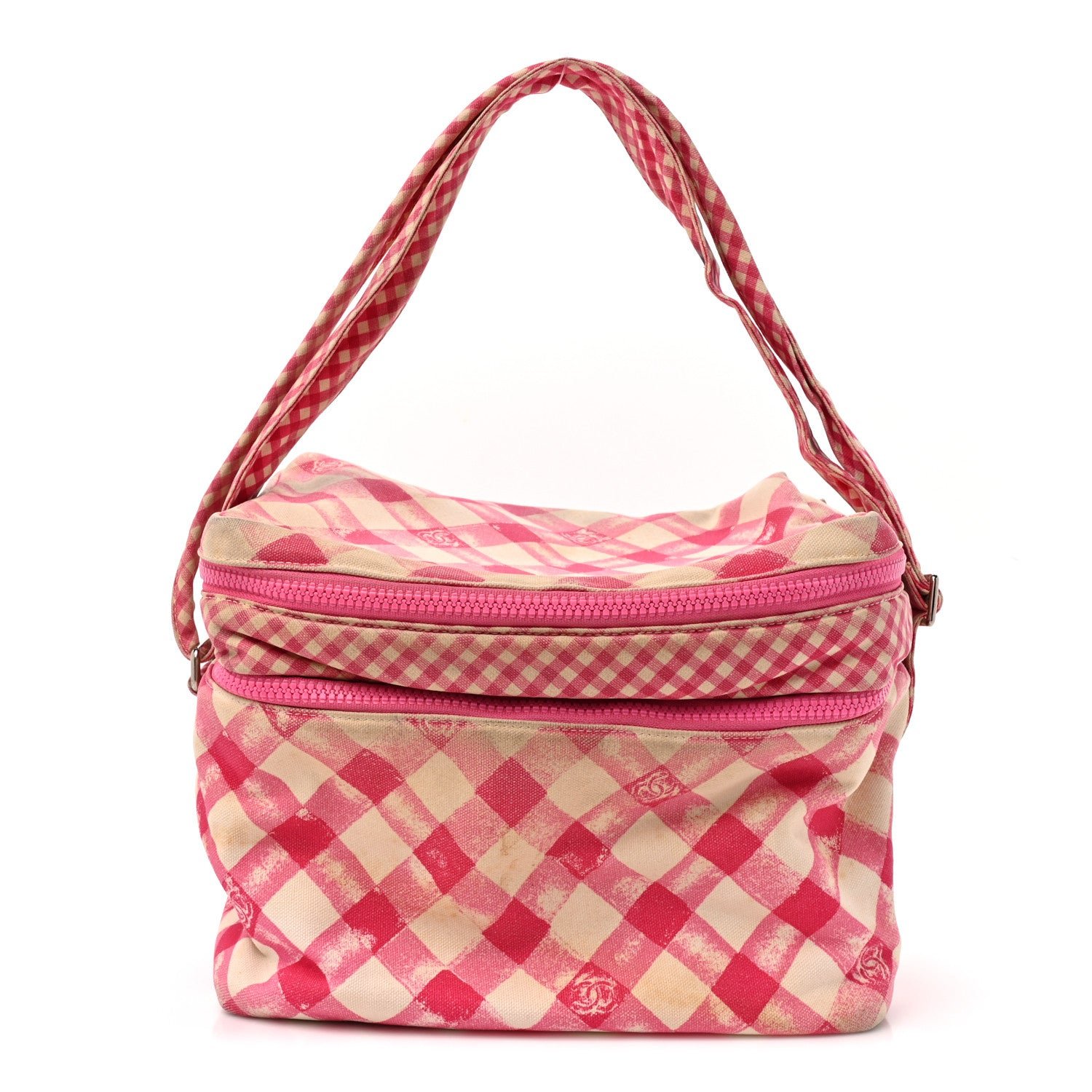 Chanel Canvas Gingham Printed CC Lunch Box Bag Pink White