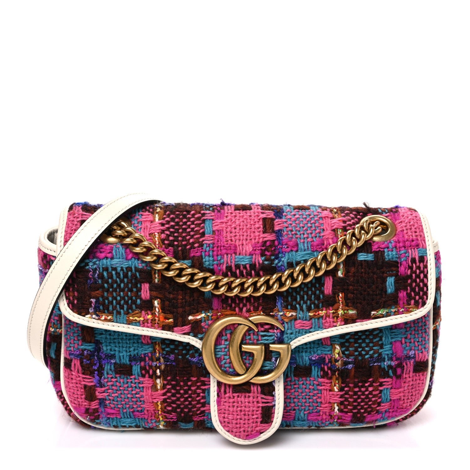 Gucci Tweed Calfskin Spicy Check Small GG Marmont Shoulder Bag Pink Multicolor Mystic White
