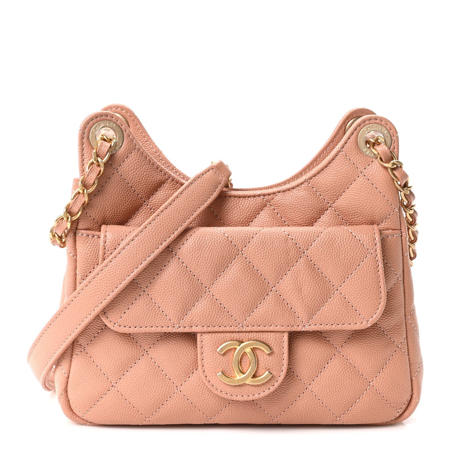 Chanel Caviar Quilted Small Wavy CC Hobo Coral