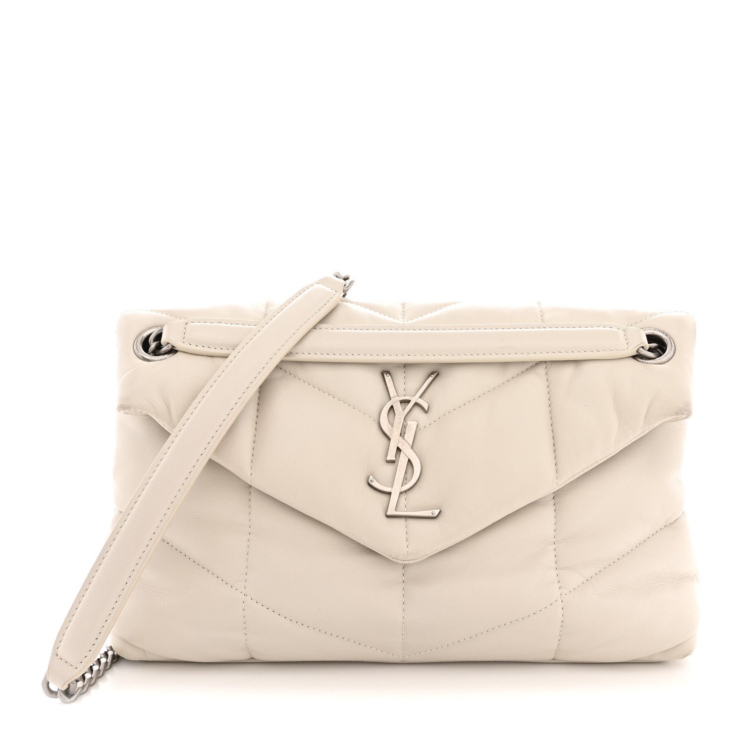 Saint Laurent Lambskin Quilted Small Loulou Puffer Monogram Chain Satchel Crema Soft