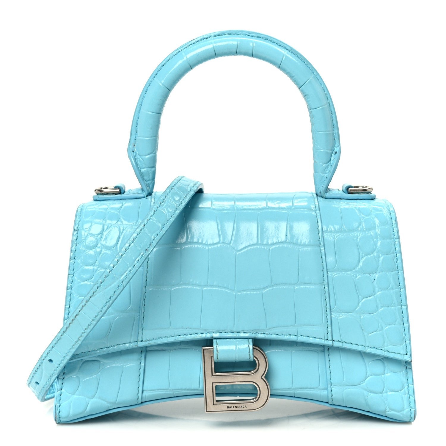 Balenciaga Shiny Calfskin Crocodile Embossed Hourglass Top Handle Bag XS Turquoise