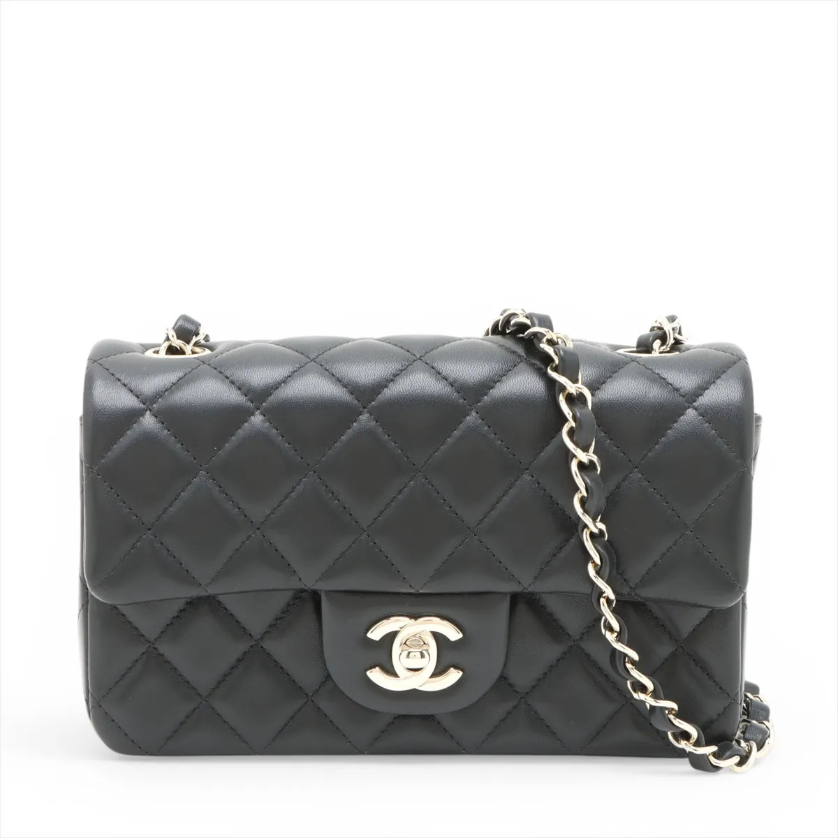 Chanel Mini Matelasse 20 Lambskin Single Flap Single Chain Bag Black Gold Metal