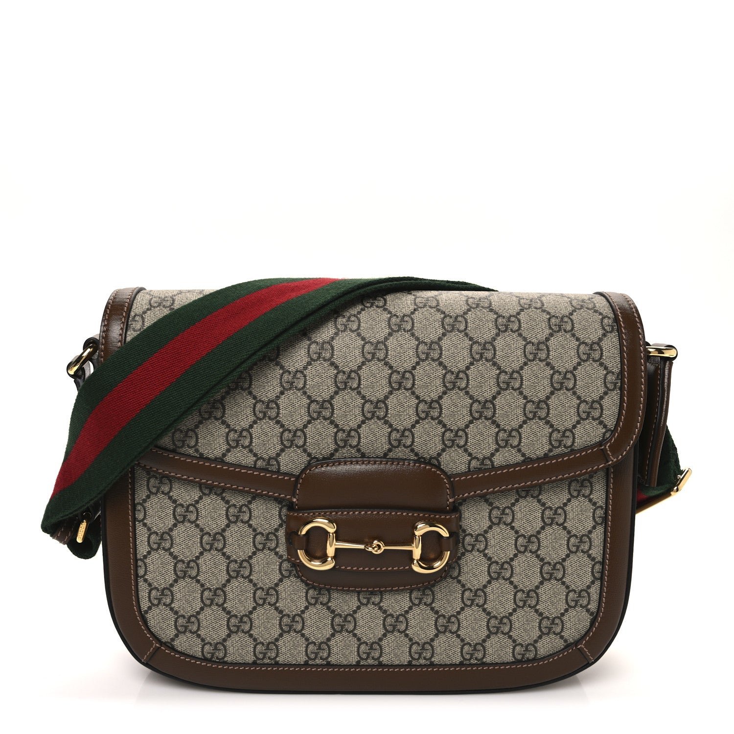 Gucci GG Supreme Monogram Azalea Calfskin Web Medium Horsebit 1955 Shoulder Bag Beige Ebony Brown Sugar