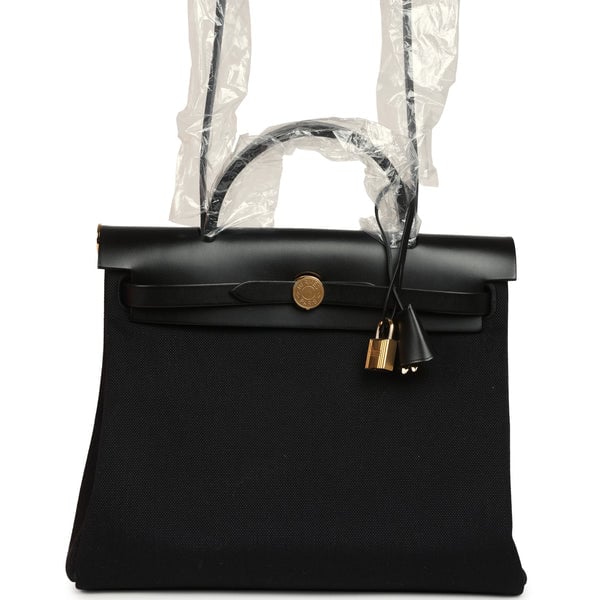 Hermes Hermes Herbag Zip 31 PM Black Toile Militaire Canvas and Vache Hunter Gold Hardware