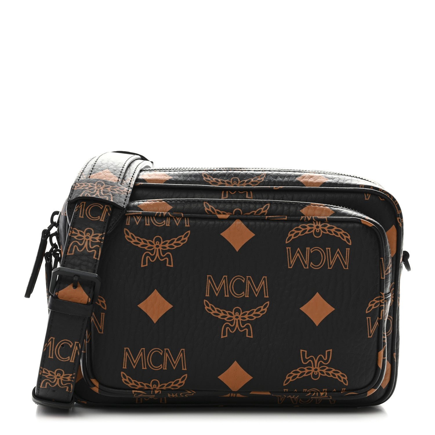 MCM Maxi Visetos Aren Crossbody Black Cognac