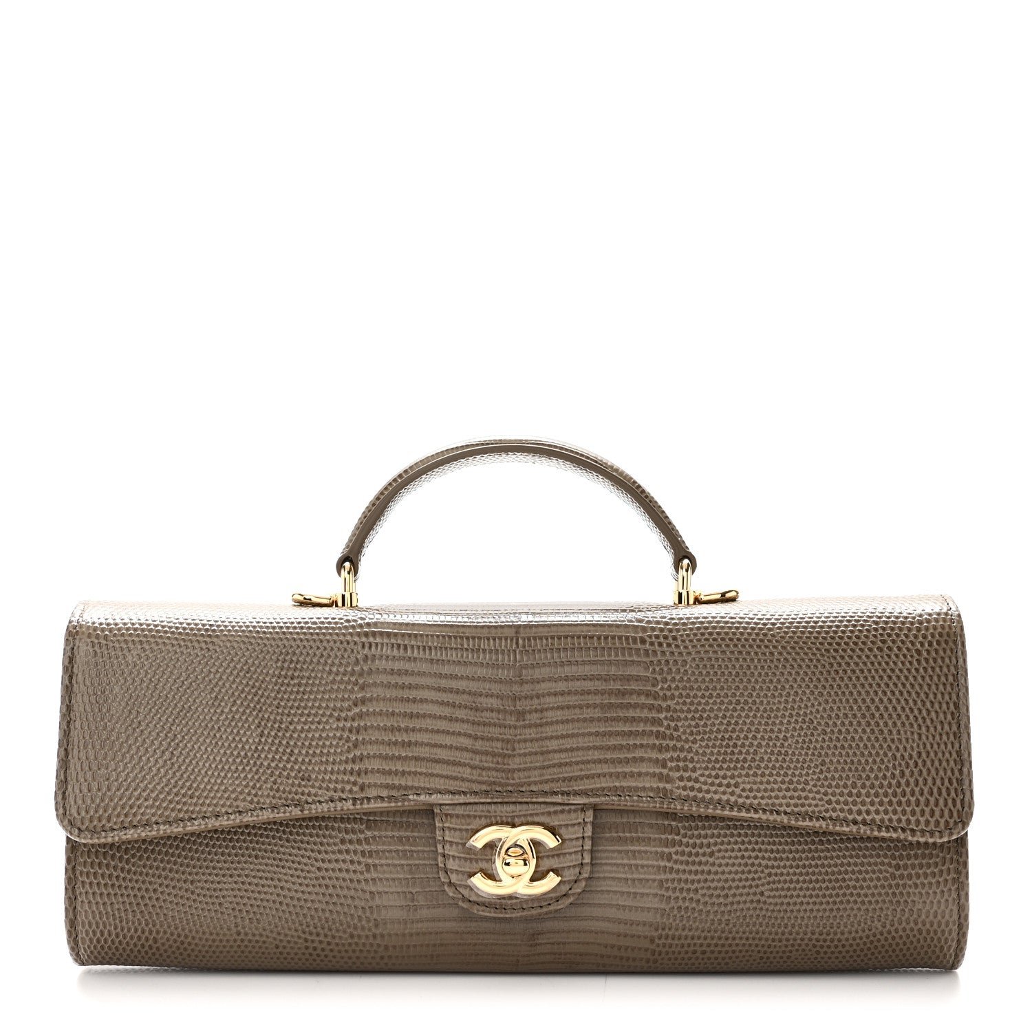 Chanel Calfskin Lizard Embossed Top Handle Long Clutch With Chain Dark Khaki