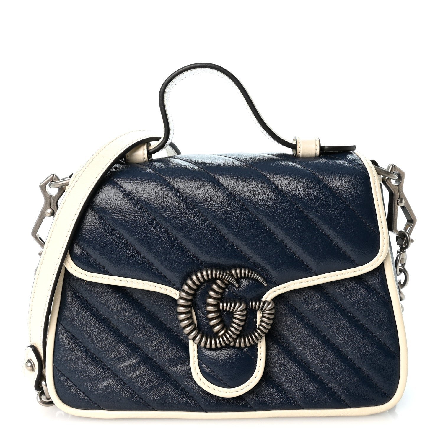 Gucci Vintage Effect Calfskin Matelasse Diagonal Mini Torchon GG Marmont Top Handle Shoulder Bag Blue Agata Mystic White