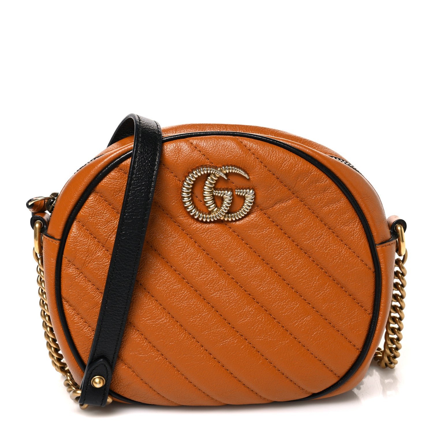 Gucci Azalea Calfskin Matelasse Diagonal Mini Torchon GG Marmont Round Shoulder Bag Cognac Black