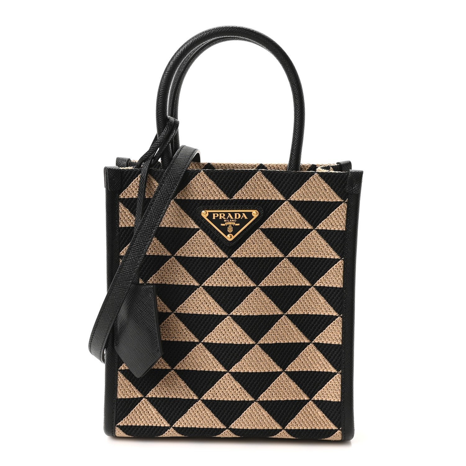 Prada Jacquard Saffiano Triangolo Symbole Embroidered Micro Tote Black Corda