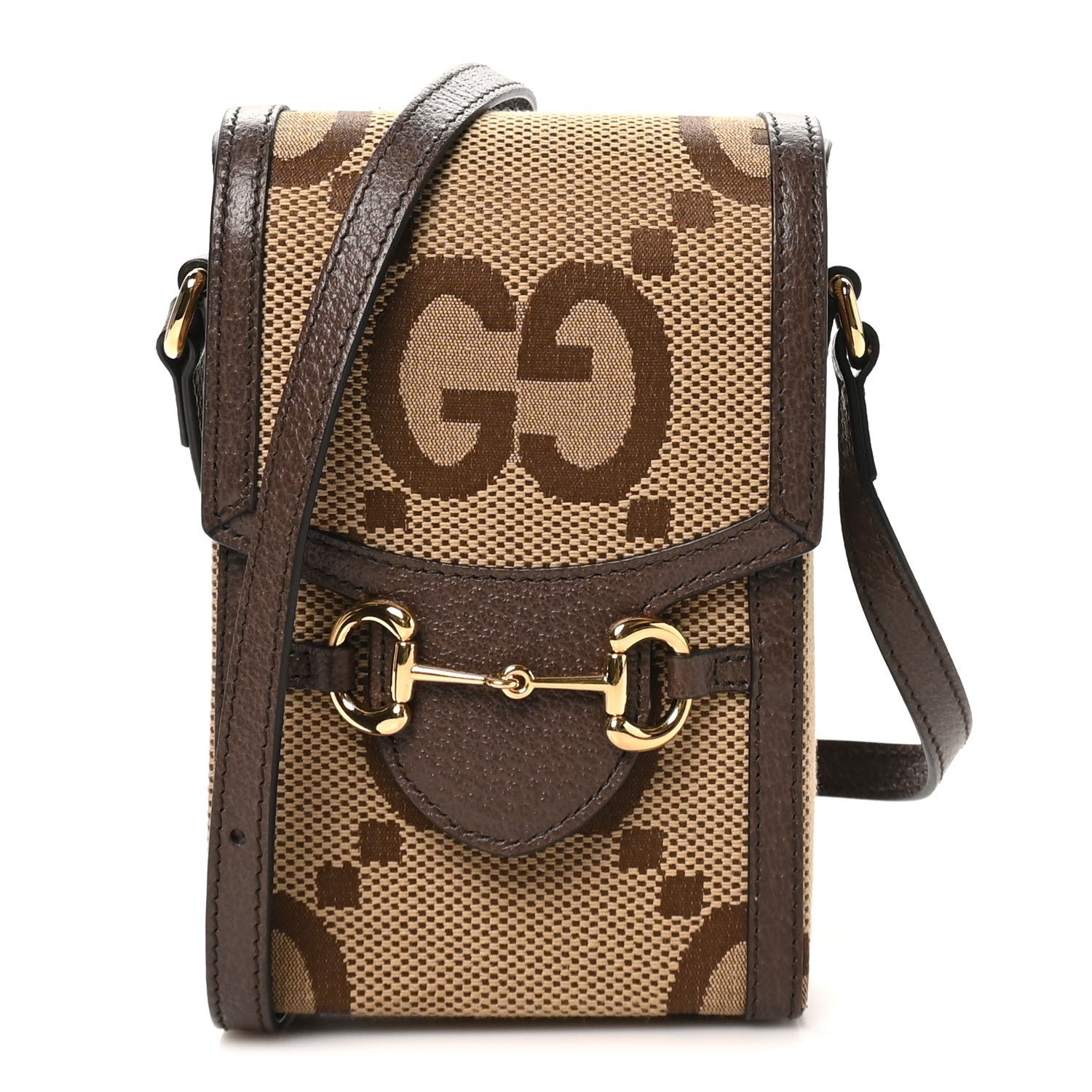 Gucci Monogram Jumbo GG Textured Dollar Calfskin Mini Horsebit 1955 Crossbody Bag Camel Ebony New Acero