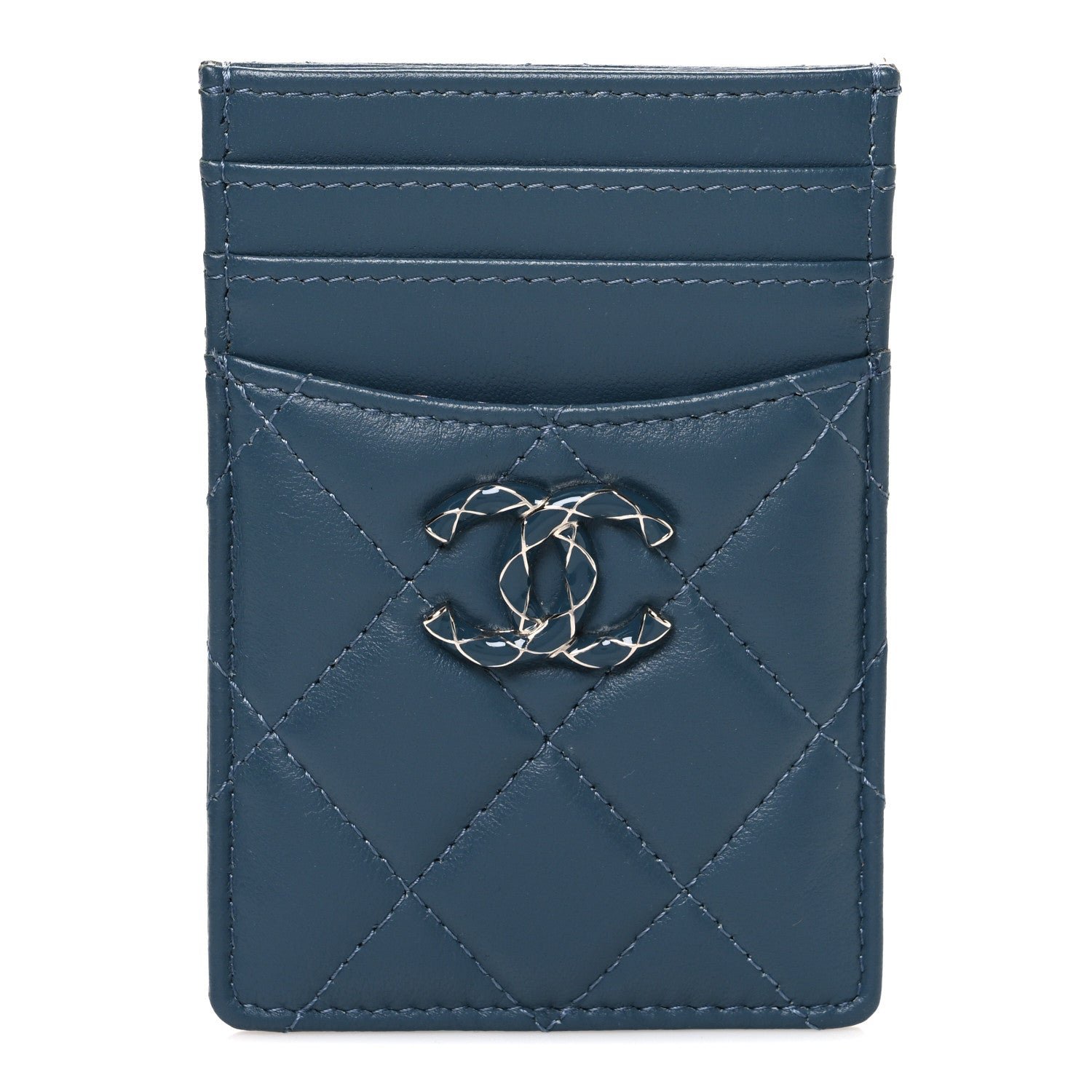 Chanel Lambskin Quilted Enamel Vertical Card Holder  Dark Blue