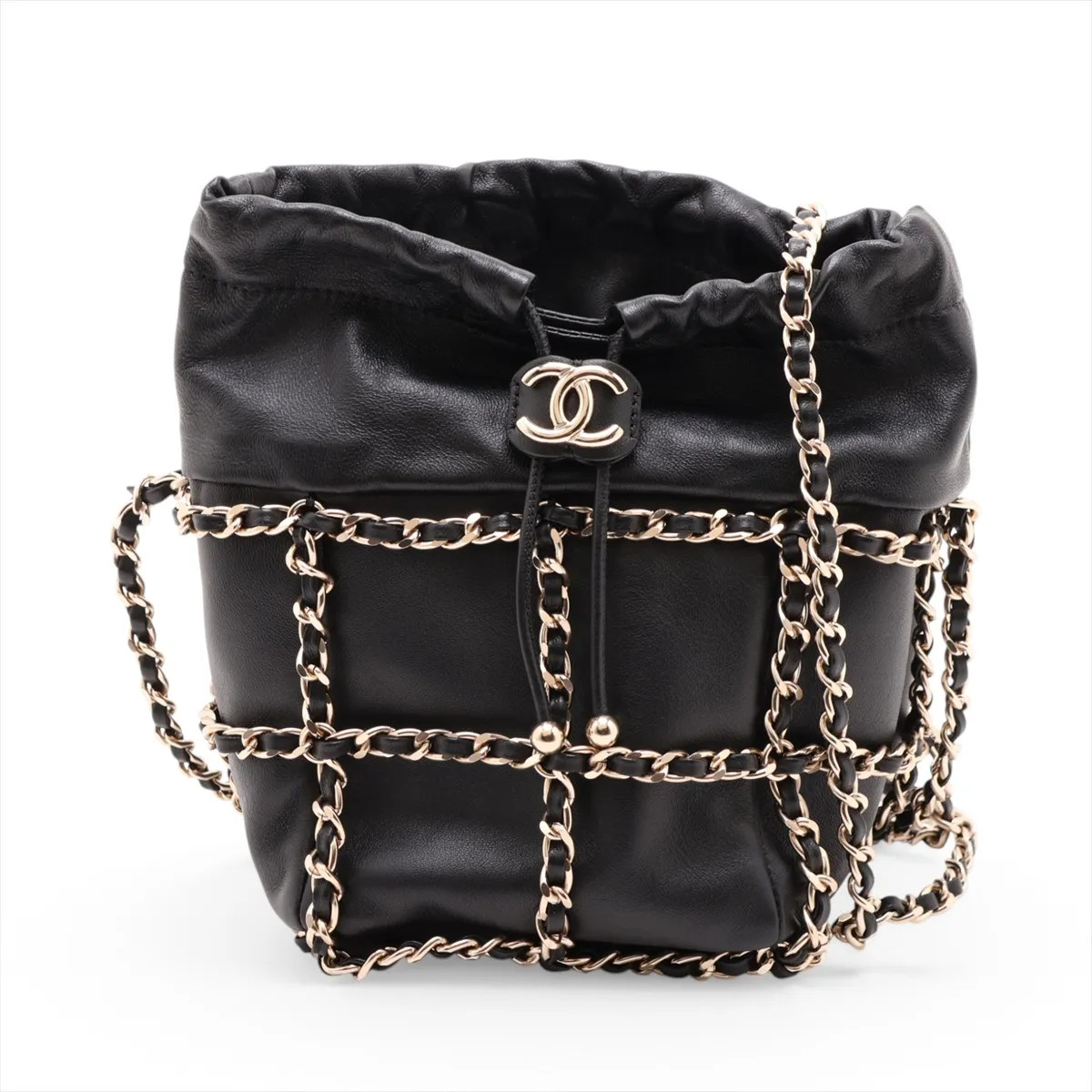 Chanel Coco Mark Lambskin Chain Shoulder Bag Purse Black Gold Metal Fittings 30