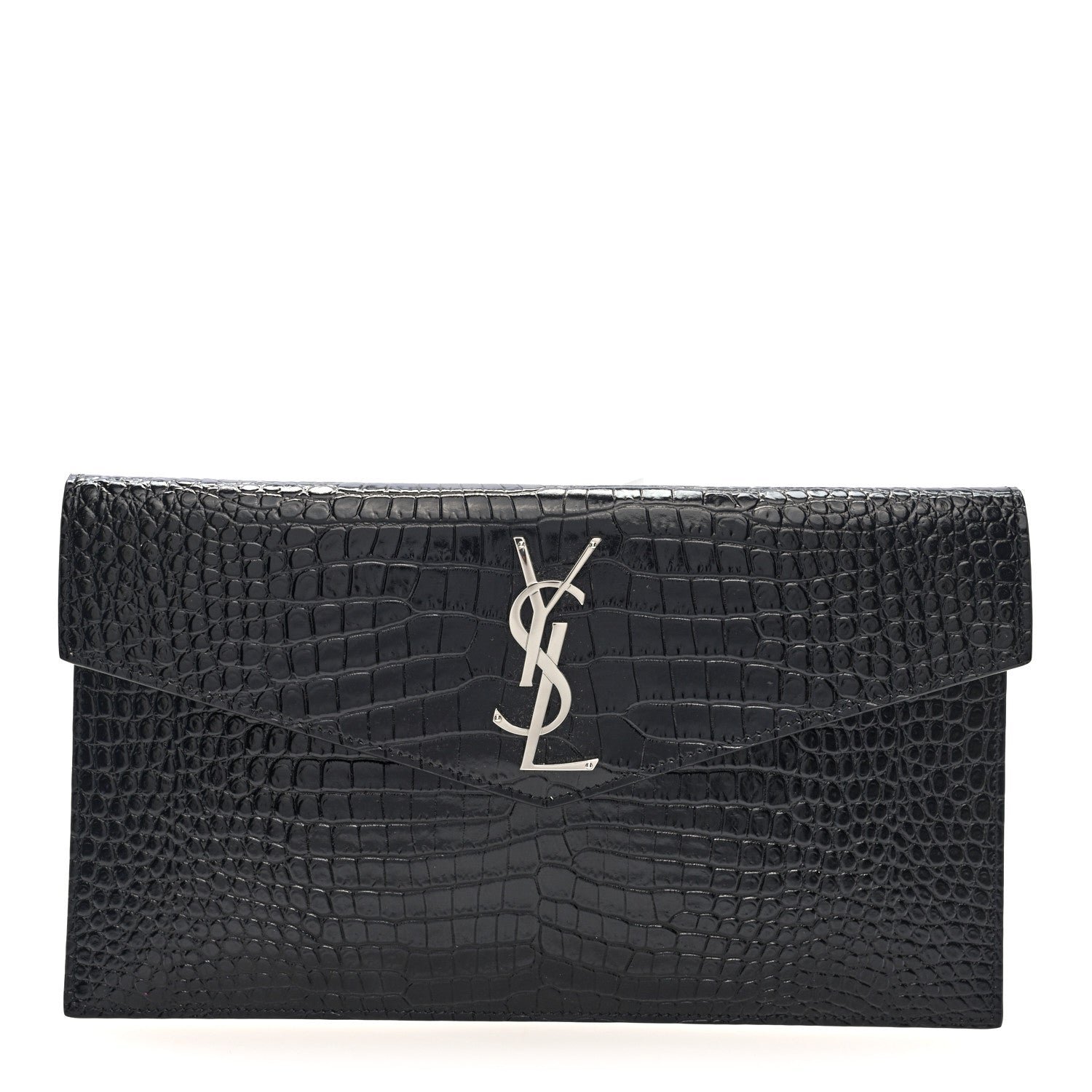 Saint Laurent Calfskin Crocodile Embossed Uptown Monogram Pouch Black