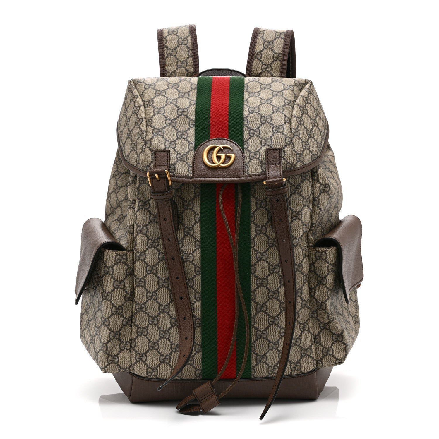 Gucci GG Supreme Monogram Medium Ophidia Double Buckle Backpack Brown