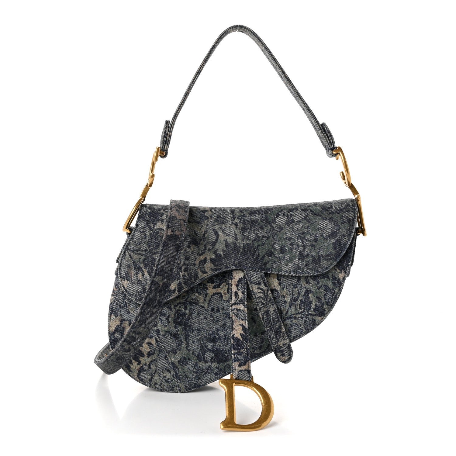 Christian Dior Denim Brocart Embroidered Saddle Bag Blue