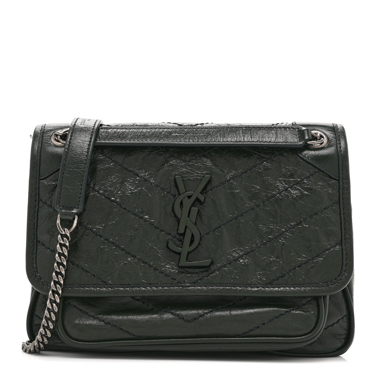 Saint Laurent Crinkled Calfskin Matelasse Monogram Baby Niki Chain Satchel Dark Green