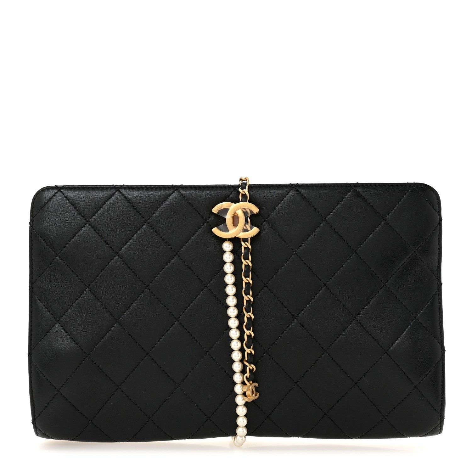 Chanel Lambskin Quilted Pearl Clutch Black