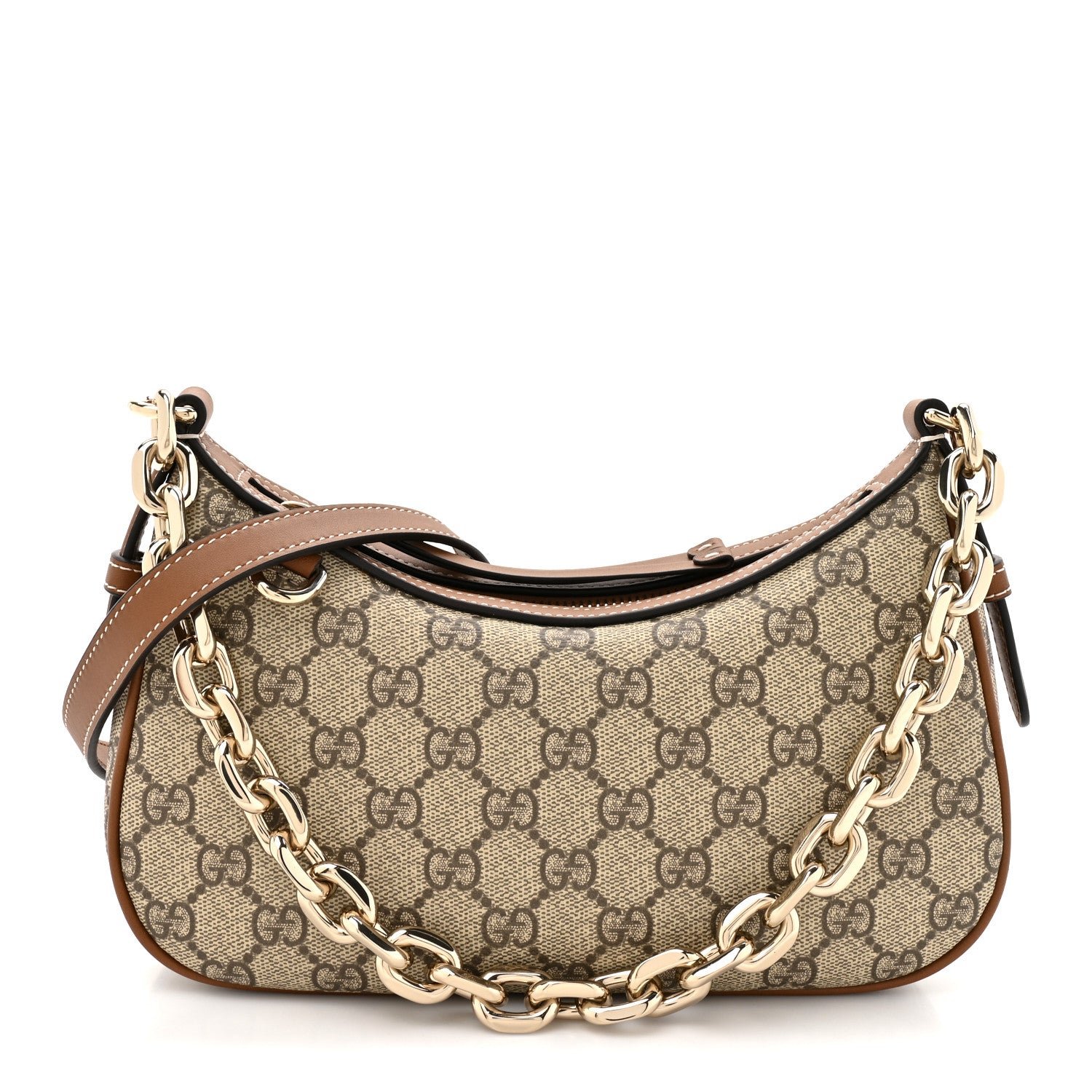 Gucci GG Supreme Monogram Textured Calfskin Small Emblem Shoulder Bag Beige Dark Brown