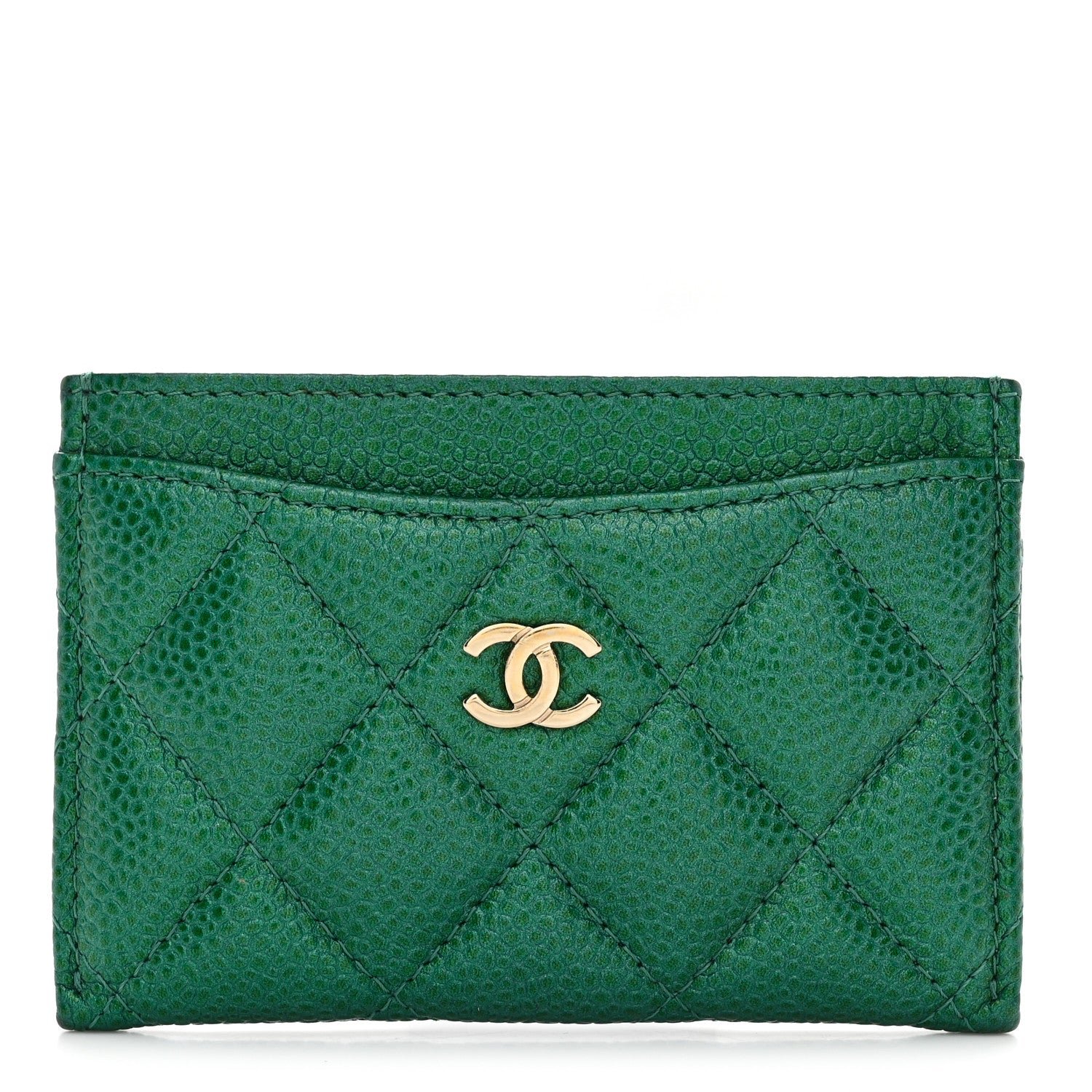 Chanel Metallic Caviar Quilted Card Holder Green