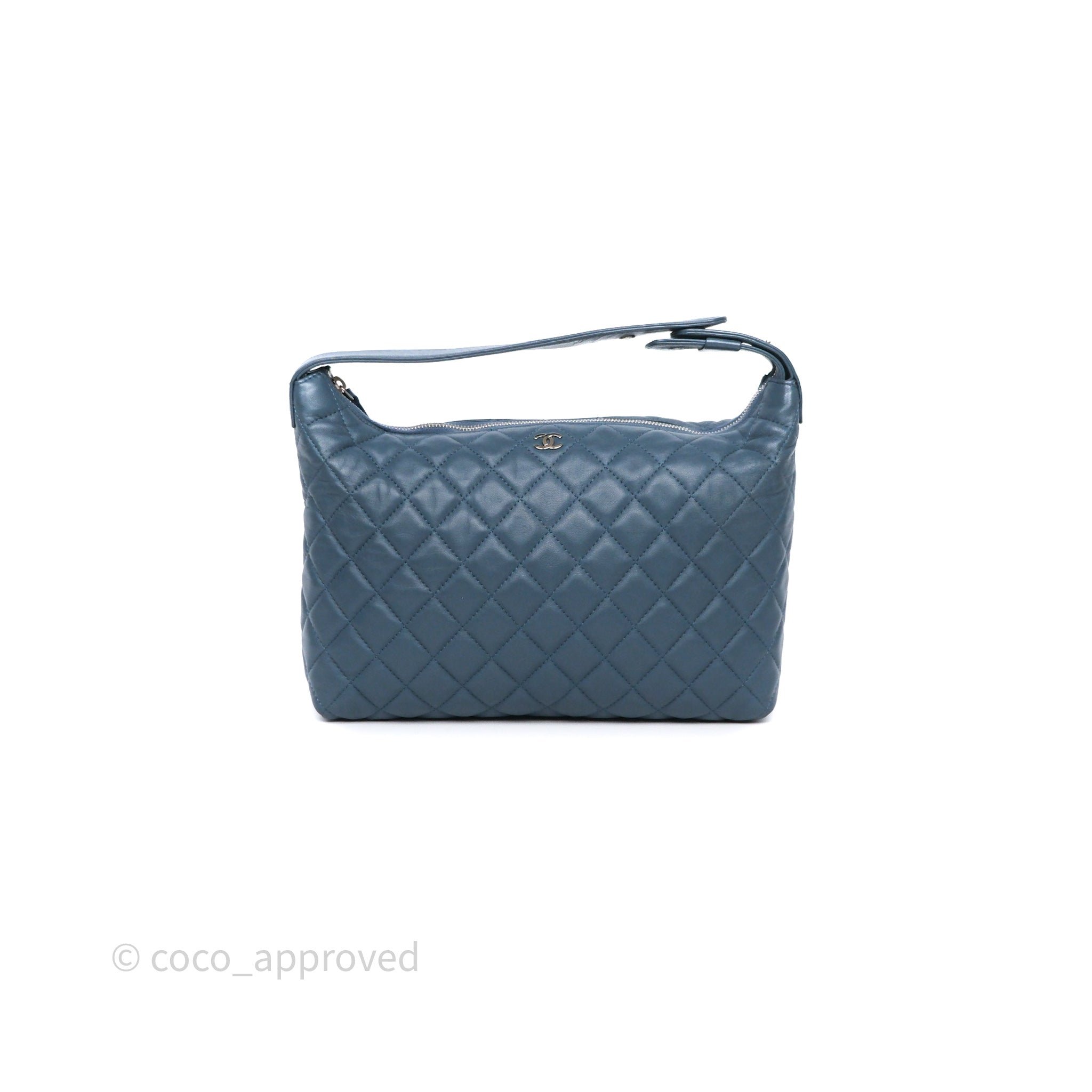 Chanel Quilted Hobo Handbag Teal Lambskin Silver Hardware