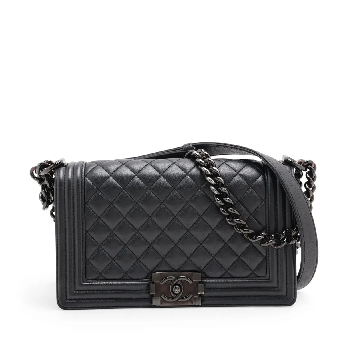 Chanel Boy Chanel Soft Caviarskin Chain Shoulder Bag Black Black Metal Fittings