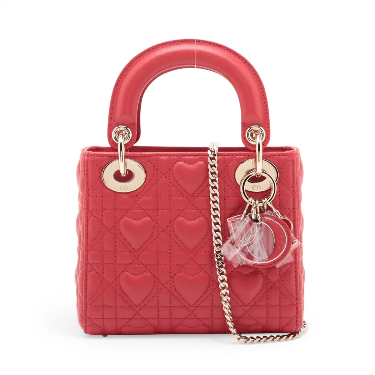 Christian Dior Lady Dior Heart Canage Leather 2 Way Handbag Red