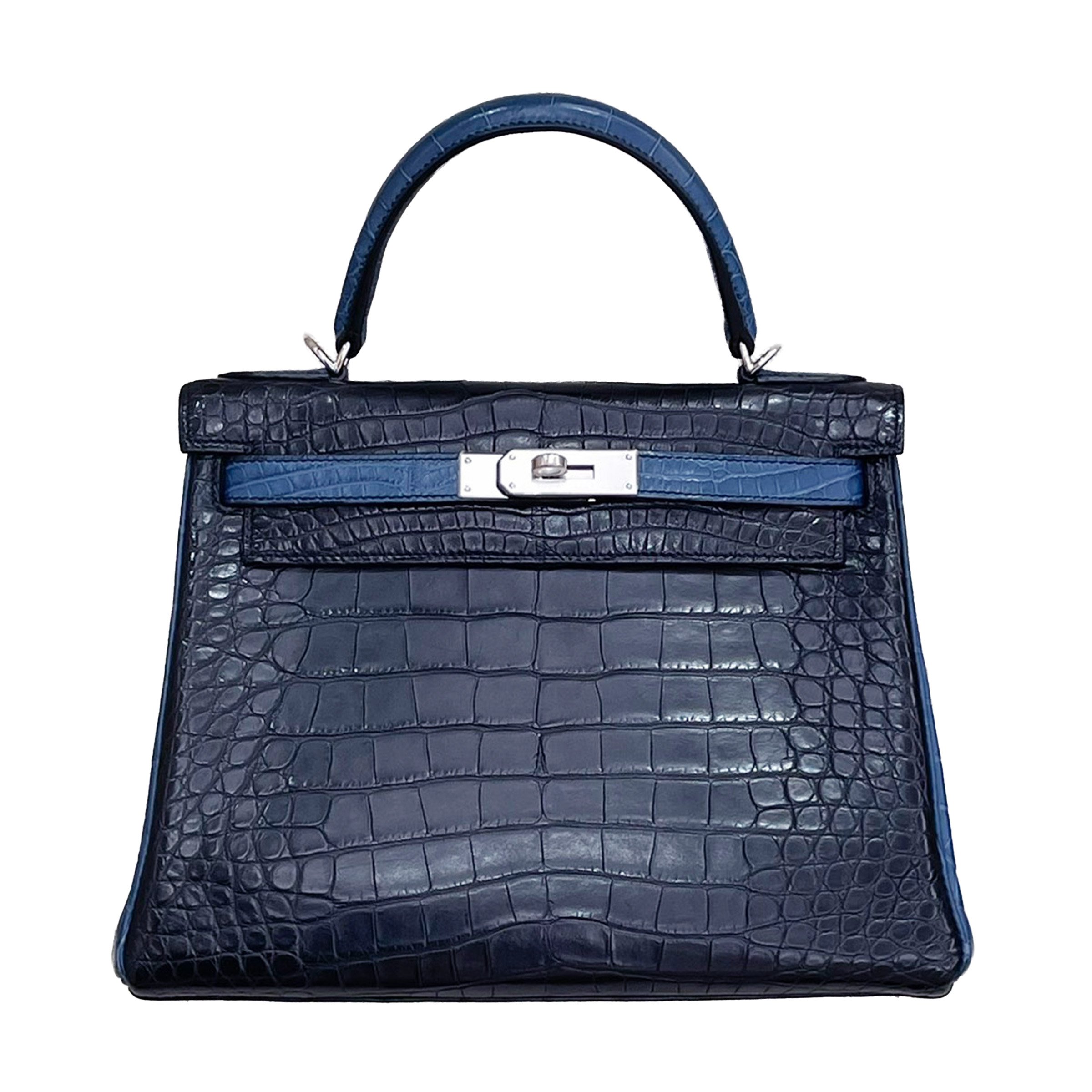 Very Good ( Rank A) HERMÈS Special Order Kelly 28 Noir (89) Colvert (1P) Matte Alligator Palladium hardware Square R (2014)
