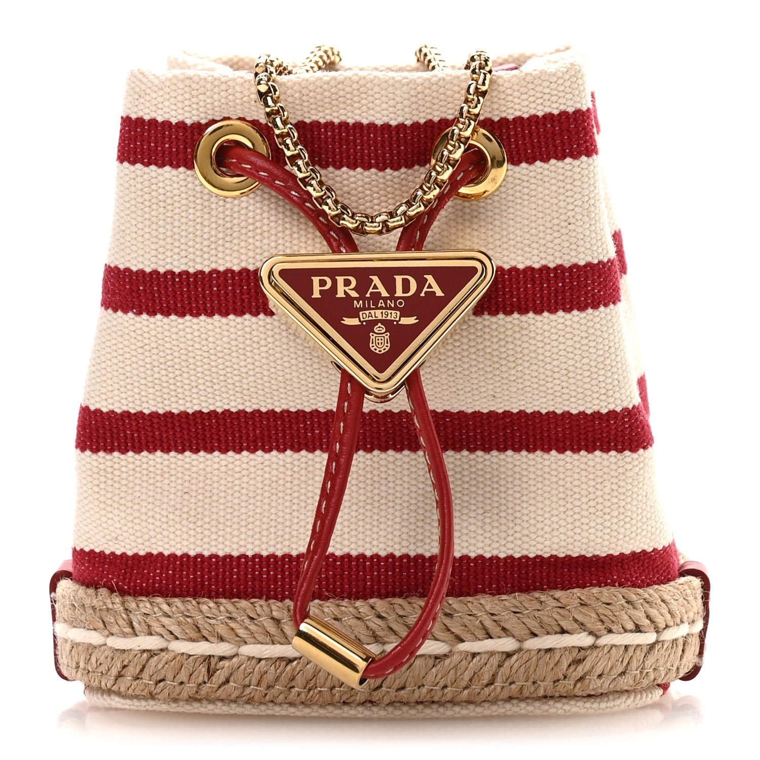 Prada Canvas Stripe Metal Triangle Logo Mini Drawcord Pouch Shoulder Bag Avorio Rosso