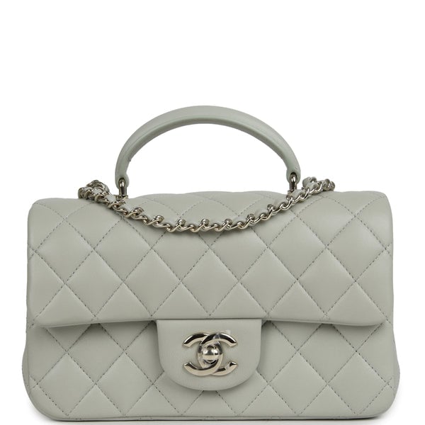 Chanel Mini Classic Rectangular Top Handle Flap Bag Pale Green Lambskin Silver Hardware
