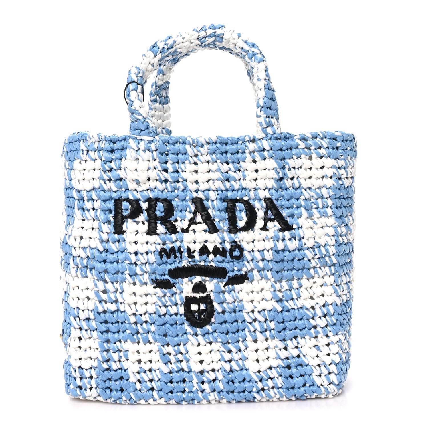 Prada Yarn Raffia Effect Crochet Embroidered Small Logo Tote Celeste