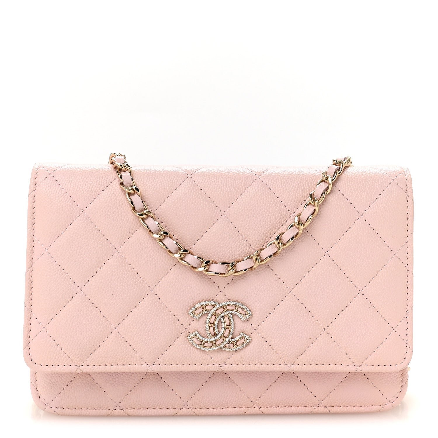 Chanel Caviar Quilted Crystal CC Wallet On Chain WOC Light Pink