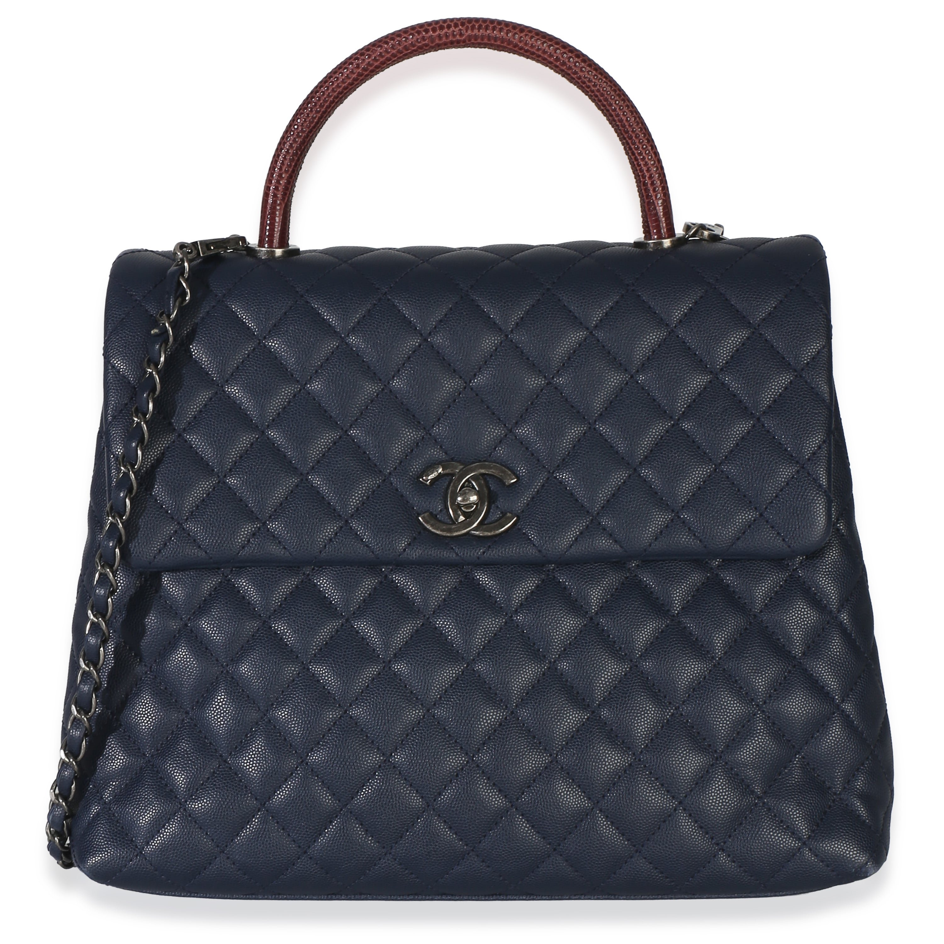 Navy Quilted Caviar Lizard Large Coco Top Handle Bag