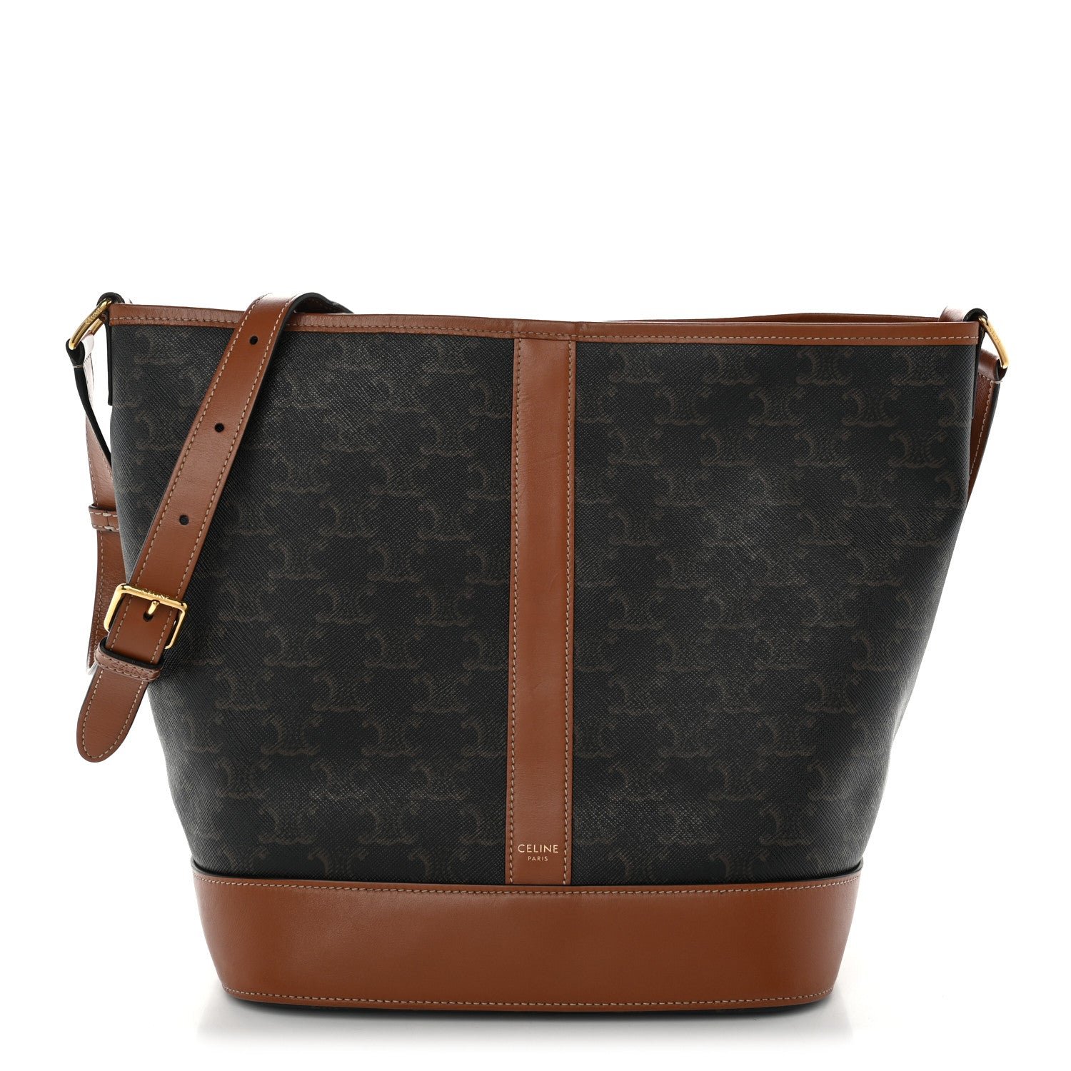 Celine Triomphe Canvas Calfskin Medium Bucket Bag Tan