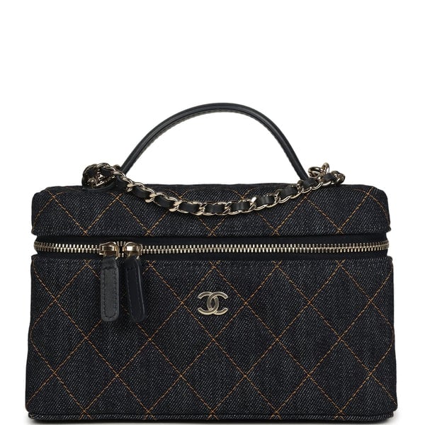 Chanel Top Handle Long Vanity Case with Chain Dark Blue Denim Light Gold Hardware